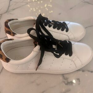 J. Crew Women's Elegant white leather sneakers with leopard accents  Shoes